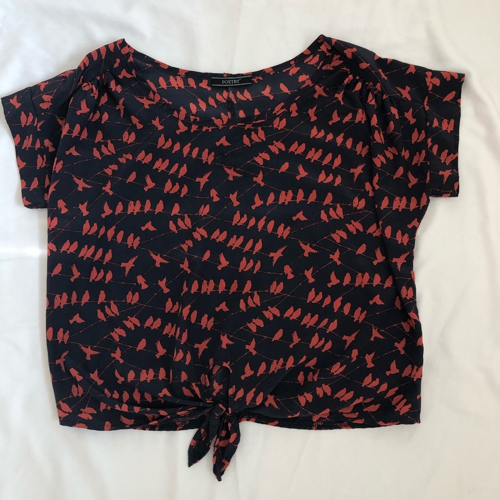 Poetry Navy Blue and Red Bird Print Blouse